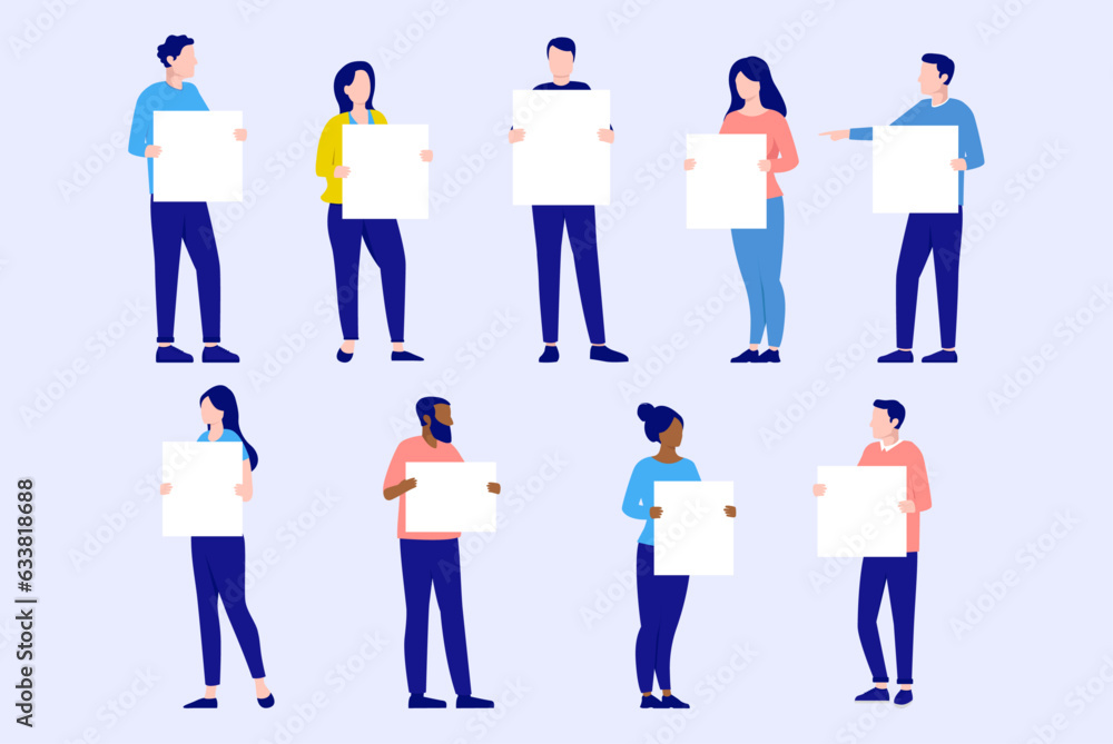 Vector people holding blank signs - Collection of characters standing ...