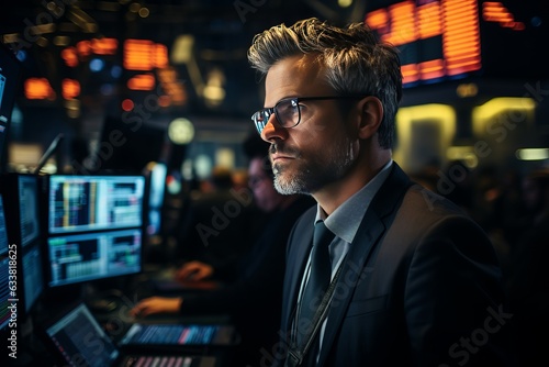 In the midst of a cinematic, bustling stock exchange floor, a singularly focused trader navigates the chaos, finding clarity in the storm of numbers.