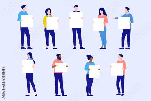 Vector people holding blank signs - Collection of characters standing with white placard in hands. Flat design