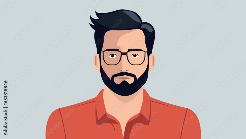 Man face and upper body - Vector portrait illustration of casual person with beard and glasses. Front view, flat design Man face and upper body - Vector portrait illustration of casual person with beard and glasses. Front view, flat design