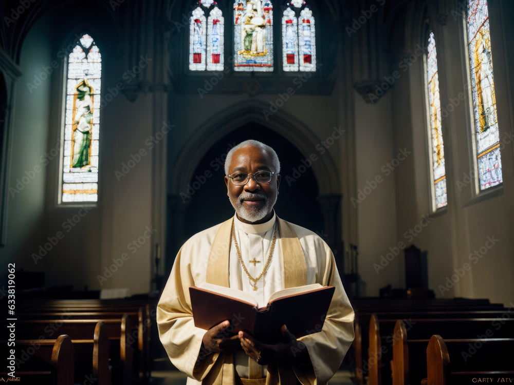 Naklejka premium Digital portrait of an elderly man, a Catholic priest reads the Bible in the background of the stained glass windows in a Catholic church
