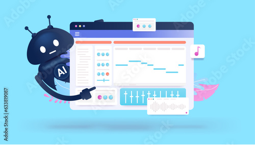 AI music - Vector illustration of artificial intelligence robot making music on computer with midi software on screen