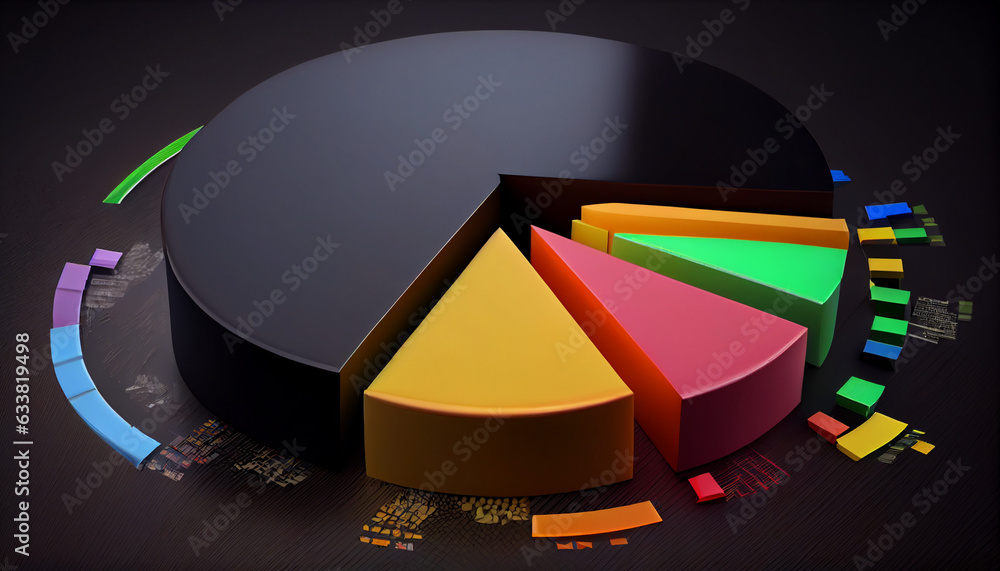 3d rendering of pie chart in black background with colorful rainbow ...