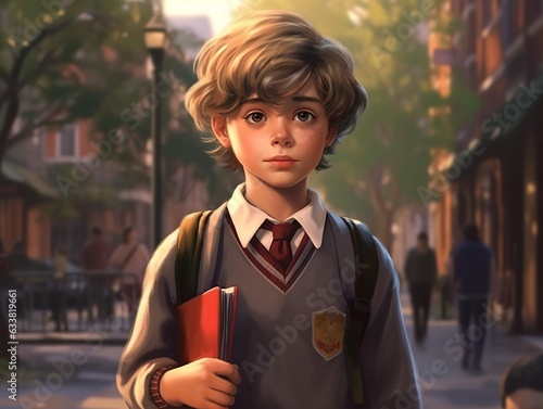 Semirealistic illustration cover, of the main child boy character going to school and studying, wearing a uniform, Generative AI photo