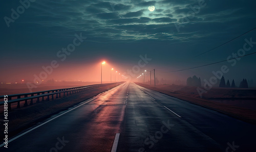 Classic night view of the road. Evening road after rain. Highway to city on sunset. For banner, postcard, book illustration Created with generative AI tools
