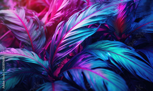 Tropical leaves in neon pink light wallpaper. Exotic foliage background. Natural textured. For postcard, book illustration. Created with generative AI tools