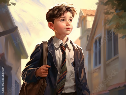 Semirealistic illustration cover, of the main child boy character going to school and studying, wearing a uniform, Generative AI photo