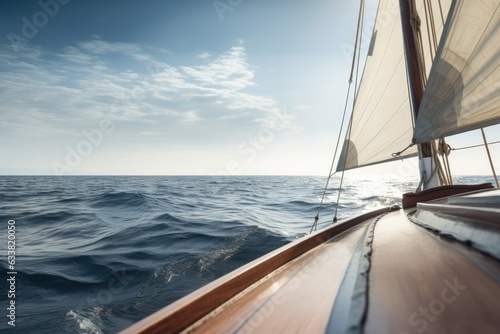 Waves of Exploration: Sailboat's Bow Gently Parting Vast Ocean Waters, Sailor's Presence Acknowledged while Face Remains Hidden Under Cap, Navigating Towards Distant Horizon Generative AI