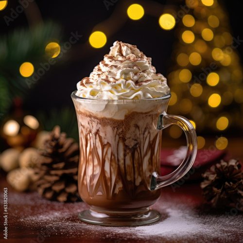 Hot chocolate with marshmallows, warm cozy Christmas drink. Background .