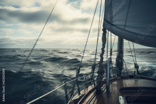 Navigating Beyond: Sailboat's Bow Forging Path in Vast Ocean, Sailor's Body Seen with Face Shrouded by Cap, Indicating the Remote Expanse of the Horizon Generative AI © furyon