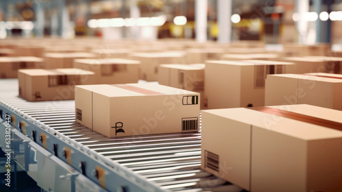 Efficient E-Commerce: cardboard boxes on conveyor Belt Snapshot of Delivery, Automation, and Products in a Fulfillment Center