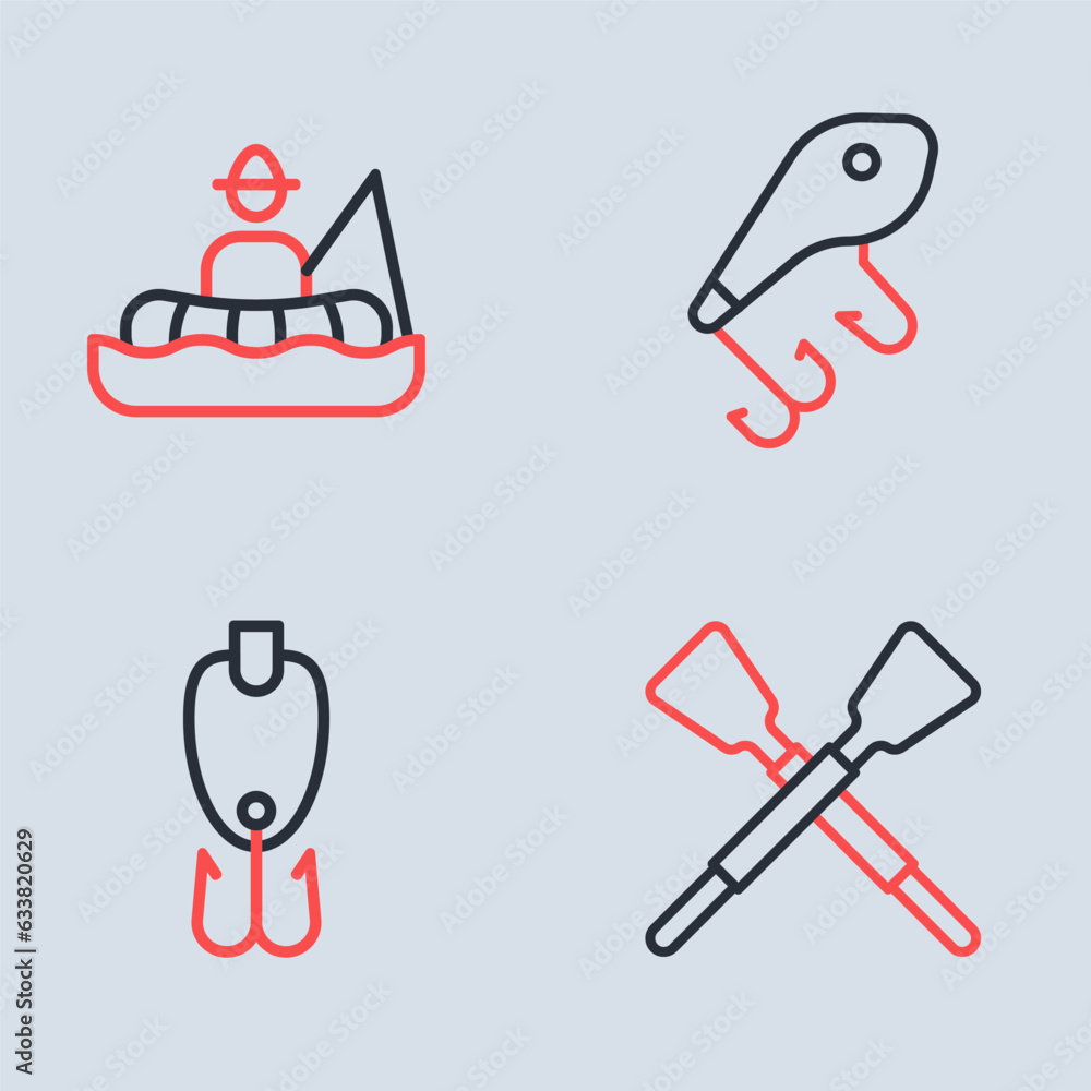 Set line Fishing lure, Crossed oars or paddles boat and Fisherman icon. Vector Set line Fishing lure, Crossed oars or paddles boat and Fisherman icon. Vector