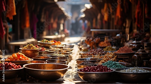  bowls of food are lined up on a table in a market.  generative ai