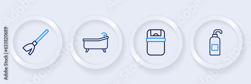 Set line Antibacterial soap, Trash can, Bathtub and Handle broom icon. Vector