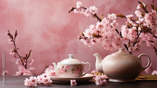  a tea pot and a teacup on a table with pink flowers. generative ai