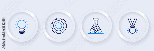 Set line Medal, Test tube, Gear and Creative lamp light idea icon. Vector