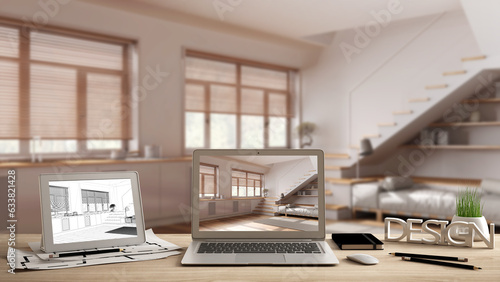 Architect designer desktop concept, laptop and tablet on wooden desk with screen showing interior design project and CAD sketch, minimal japandi living room