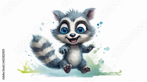a small cute cartoon stained baby raccoon running with.Generative AI
