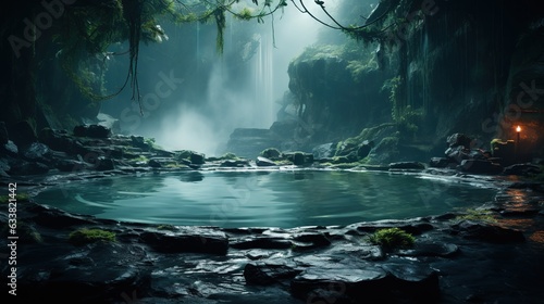  a pool of water surrounded by rocks and trees in a forest.  generative ai