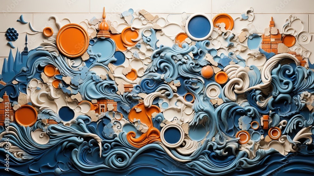  a painting of a wave with orange and blue circles on it.  generative ai