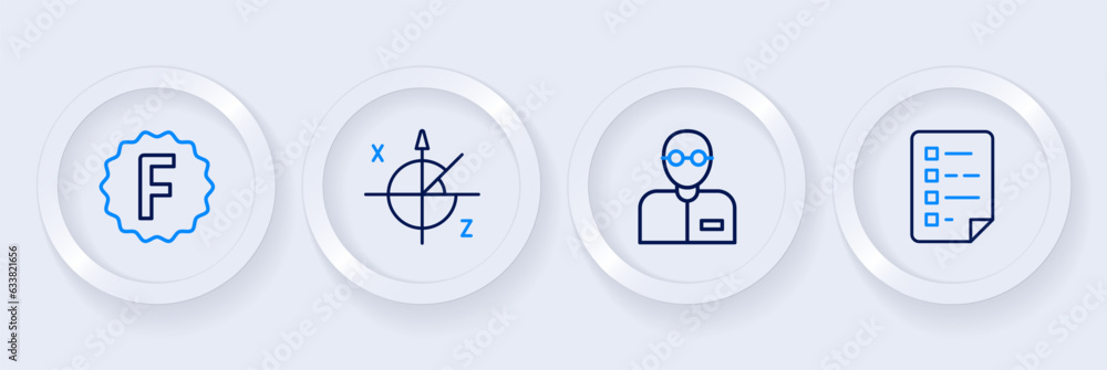 Set line Clipboard with checklist, Teacher, Trigonometric circle and Exam paper incorrect answers icon. Vector Set line Clipboard with checklist, Teacher, Trigonometric circle and Exam paper incorrect answers icon. Vector