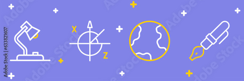 Set line Fountain pen nib, Earth globe, Trigonometric circle and Table lamp icon. Vector