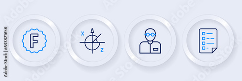 Set line Clipboard with checklist, Teacher, Trigonometric circle and Exam paper incorrect answers icon. Vector