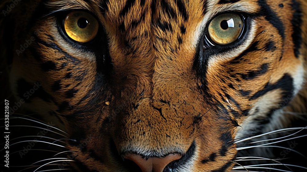  a close up of a tiger's face with yellow eyes.  generative ai