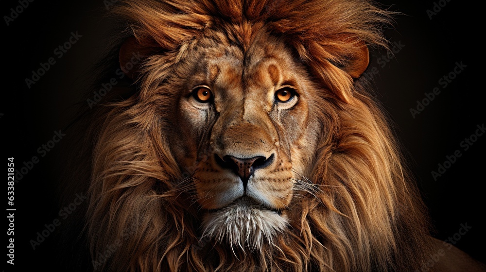  a close up of a lion's face with a black background.  generative ai