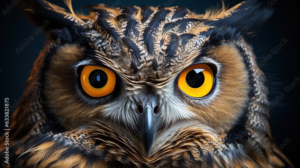 a close up of an owl's face with yellow eyes. generative ai a close up of an owl's face with yellow eyes. generative ai