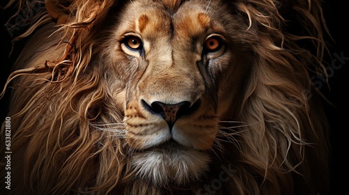  a close up of a lion's face with long hair. generative ai