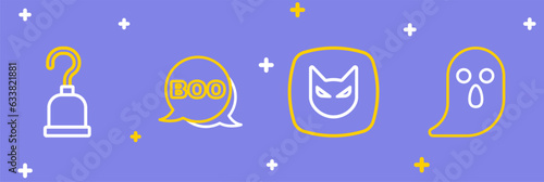 Set line Ghost, Black cat, Boo speech bubble and Pirate hook icon. Vector
