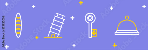 Set line Covered with tray of food, Old key, Leaning tower in Pisa and French baguette bread icon. Vector
