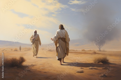 Redemption's Path: Figure in the Distance Moving Towards the Open Arms of a Welcoming Individual, Resonating with Jesus' Prodigal Son Parable Generative AI	
