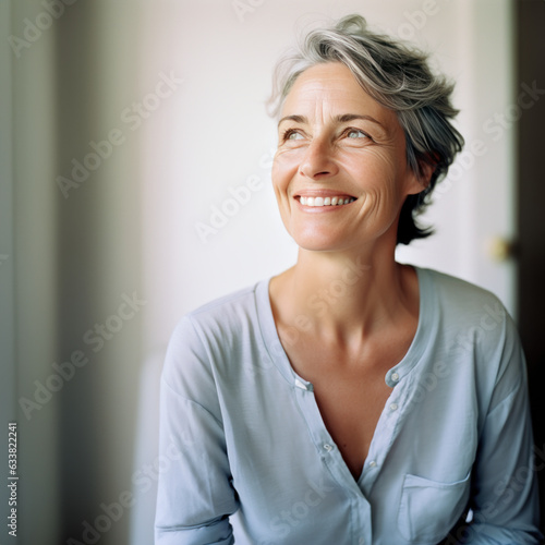 portrait au naturel de femme entre 50 et 60 ans, léger sourire, regard vers le haut
