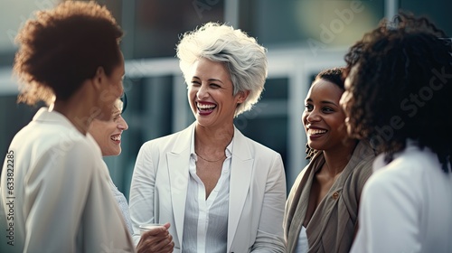 Women talking in suit with business building background photo