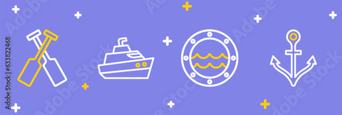 Set line Anchor, Ship porthole, Speedboat and Crossed oars paddles icon. Vector
