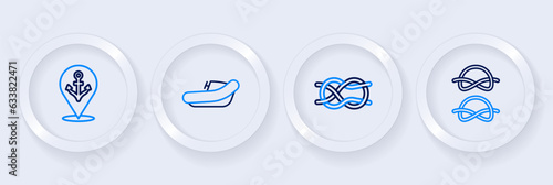 Set line Nautical rope knots, Inflatable boat with motor and Location anchor icon. Vector