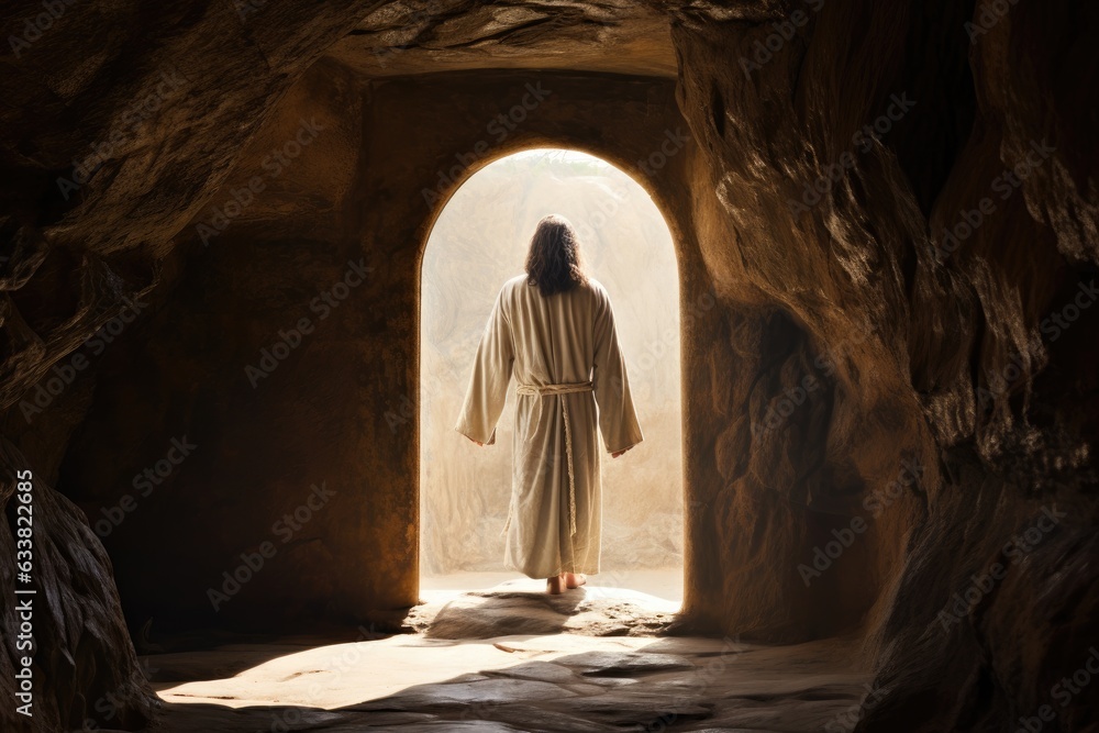 Resurrection's Threshold: Tomb Entrance with Figure Standing Before, Emanating the Echoes of Jesus' Lazarus Resurrection Generative AI	
