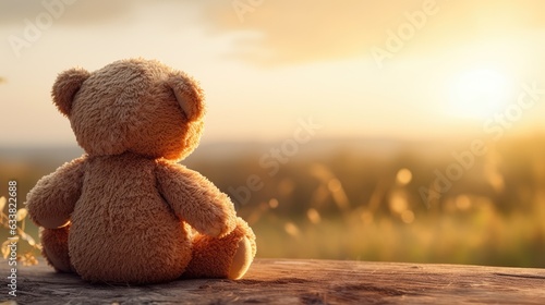 Back view of Teddy bear sitting and watching sunset. Generative AI