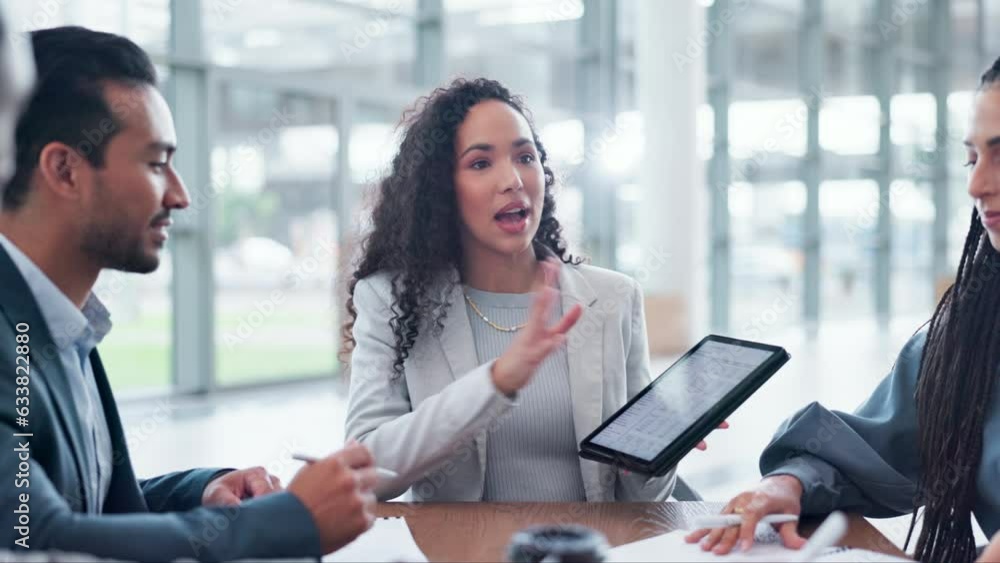 Business woman, meeting and tablet presentation, planning or marketing management, online proposal and documents. Professional manager and people listening, talking and digital or project strategy