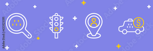Set line Taximeter device, client, Traffic light and Search taxi icon. Vector