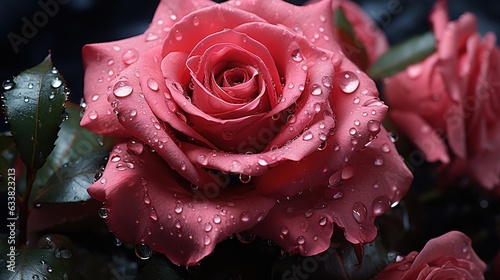 a close up of a red rose with water droplets on it.  generative ai
