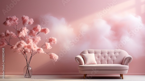  a couch and a vase with pink flowers in a room.  generative ai