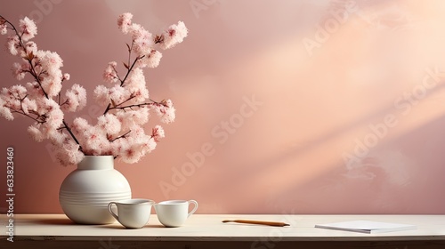  a white vase with pink flowers and a cup on a table. generative ai