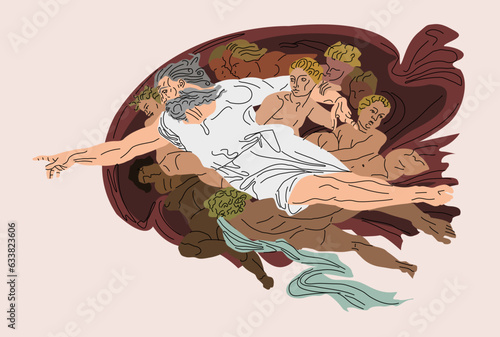 The Creation of Adam. Vector illustration. Painting masterpieces. Touch God. The birth of a person. Fresco by Michelangelo. Man and God. The picture is drawn in vector.