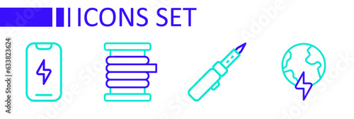 Set line Global planet with thunderbolt, Soldering iron, Wire electric cable reel and Mobile phone icon. Vector