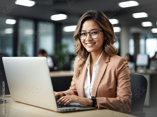 Young smiling business woman employee or student working on laptop in corporate office. Marketing manager using computer technology. Generative Ai content. 