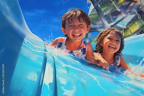 A happy cildren on water slide in a swimming pool having fun during summer vacation in a beautiful aqua park. A girl slithering down the water slide and making splashes. photo