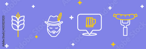 Set line Sausage on the fork, Wooden beer mug, Oktoberfest man and Wheat icon. Vector